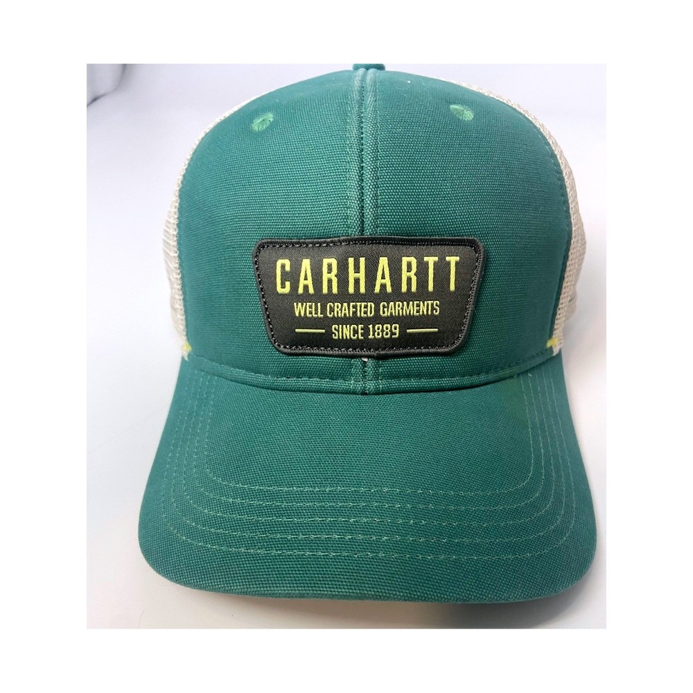 Carhartt Mens Trucker Hat Green Canvas White Mesh Snapback Patch Cap